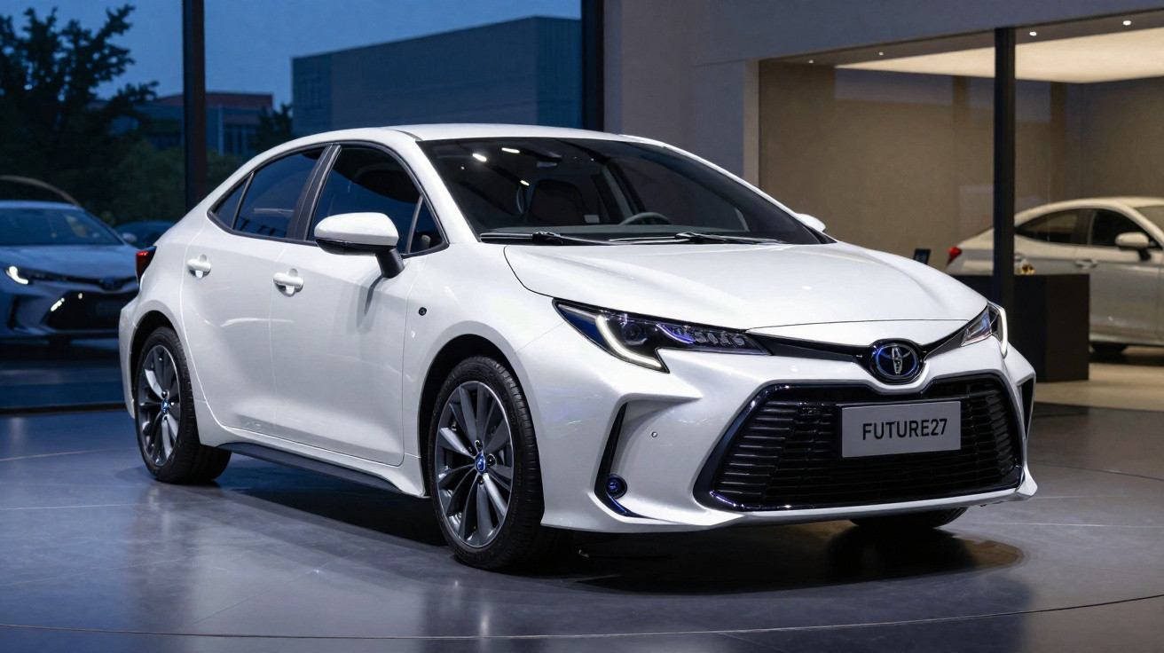 White Toyota hatchback car displayed indoors with modern headlights and a sleek front grille.