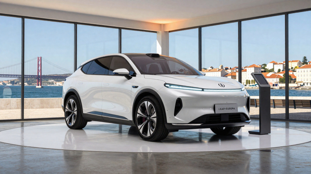 White electric SUV displayed indoors with large windows showing a waterfront view and a red suspension bridge.