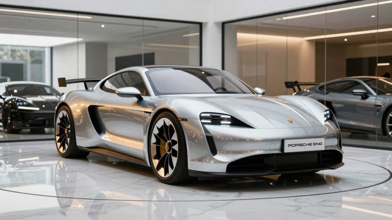 Silver Porsche electric sports car with black and silver wheels displayed indoors on a glossy floor