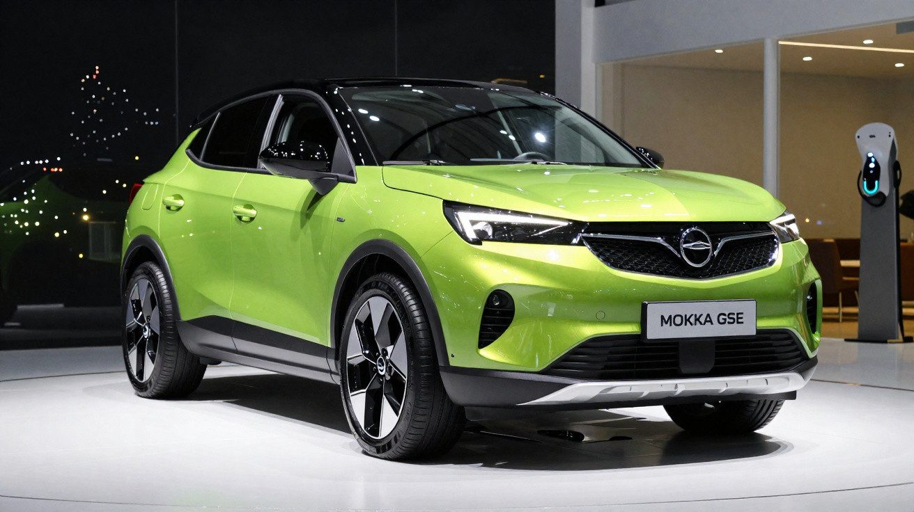 Bright green Opel Mokka GSE electric SUV displayed indoors on white platform at night.