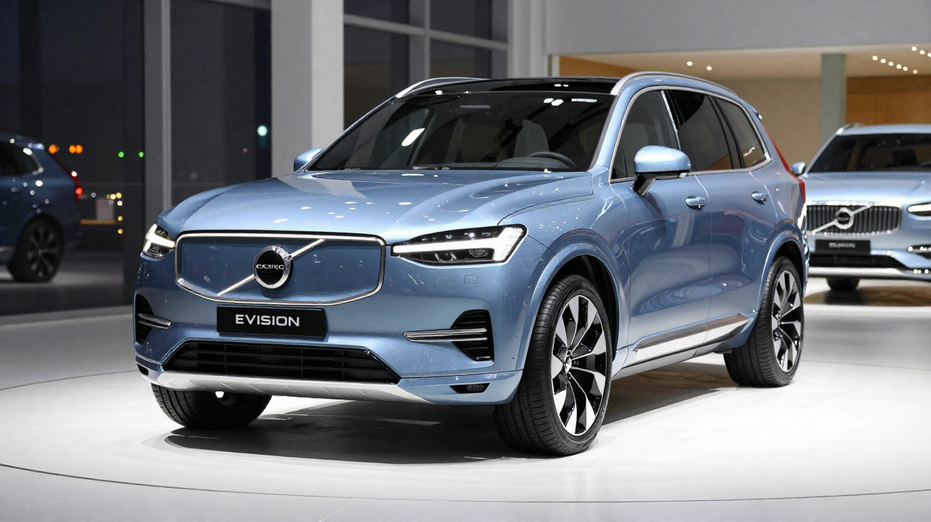 Blue Volvo Evision electric SUV showcased indoors with illuminated headlights and shiny alloy wheels.