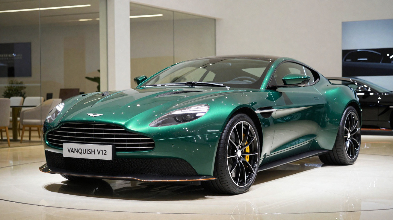 Green Aston Martin Vanquish V12 sports car displayed indoors with polished floor and modern decor.