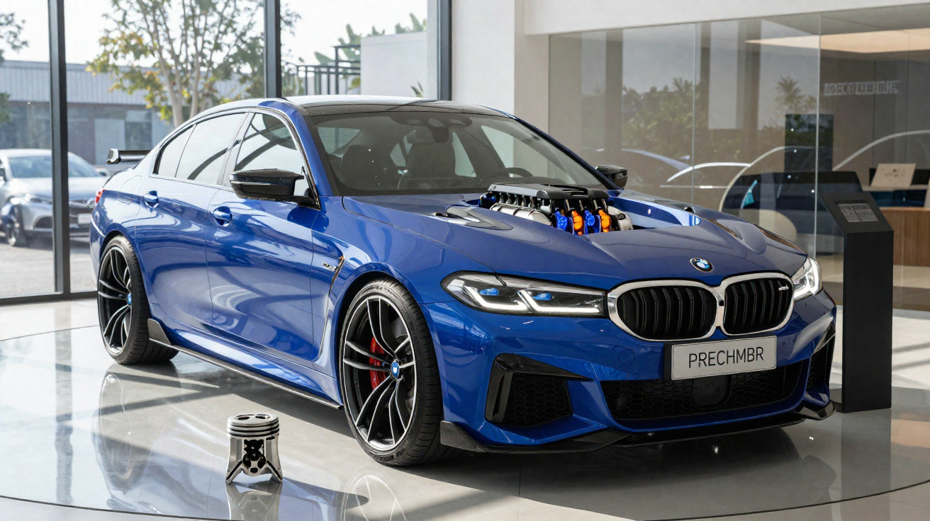 Blue BMW sedan with exposed engine components displayed inside a showroom on a glass platform.