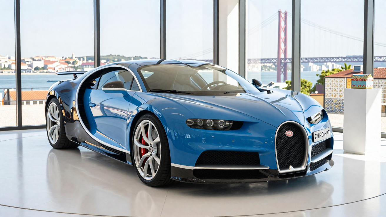 Blue Bugatti Chiron sports car displayed indoors with a bridge and cityscape visible through large windows.