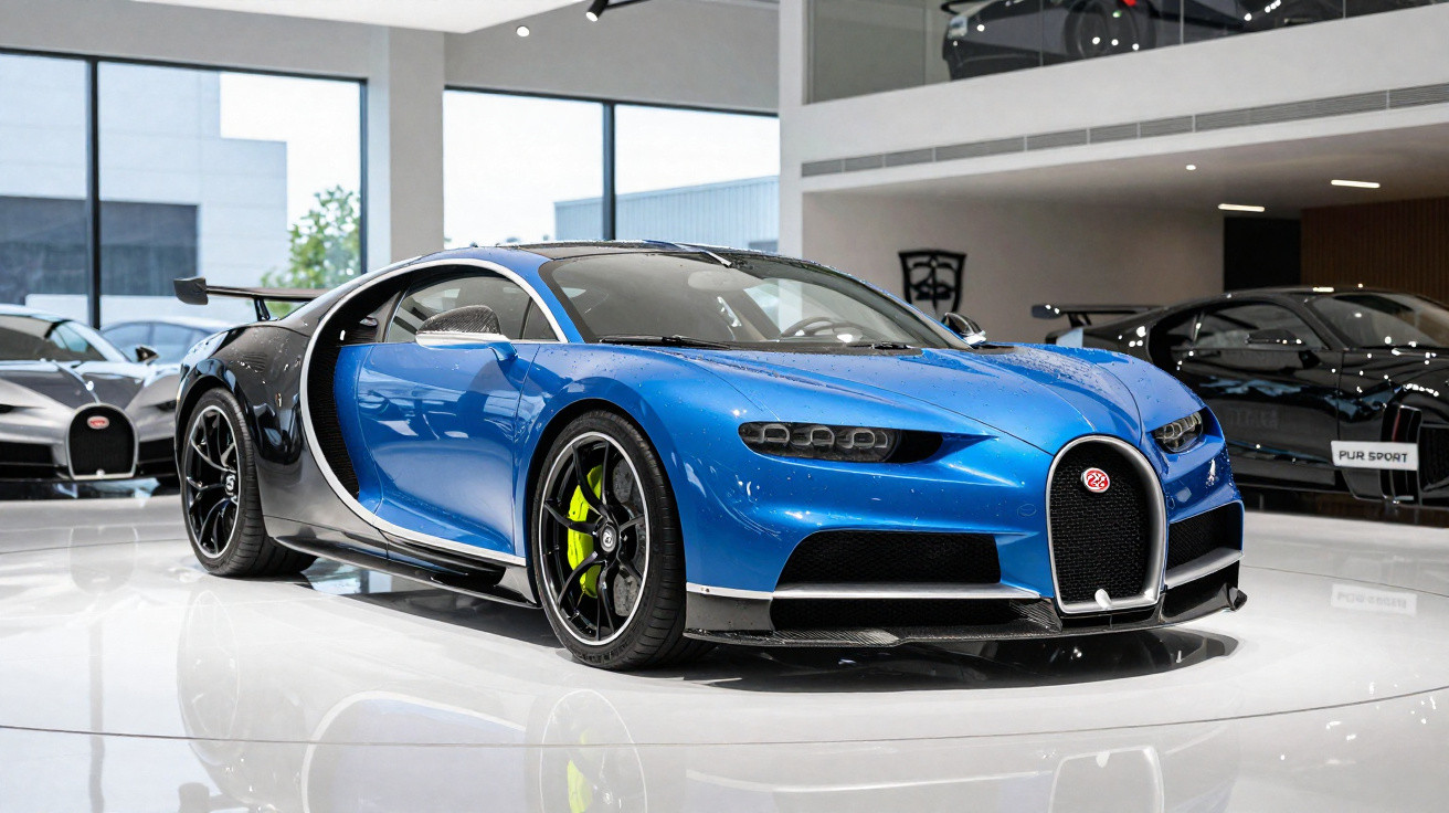 Blue Bugatti Chiron sports car displayed in a modern showroom with shiny white floors and large windows.