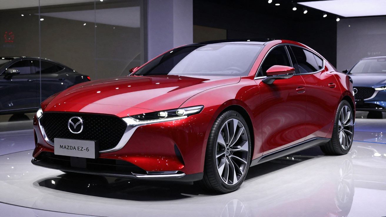 Red Mazda EZ-6 electric SUV showcased in a modern showroom with sleek design and large alloy wheels.