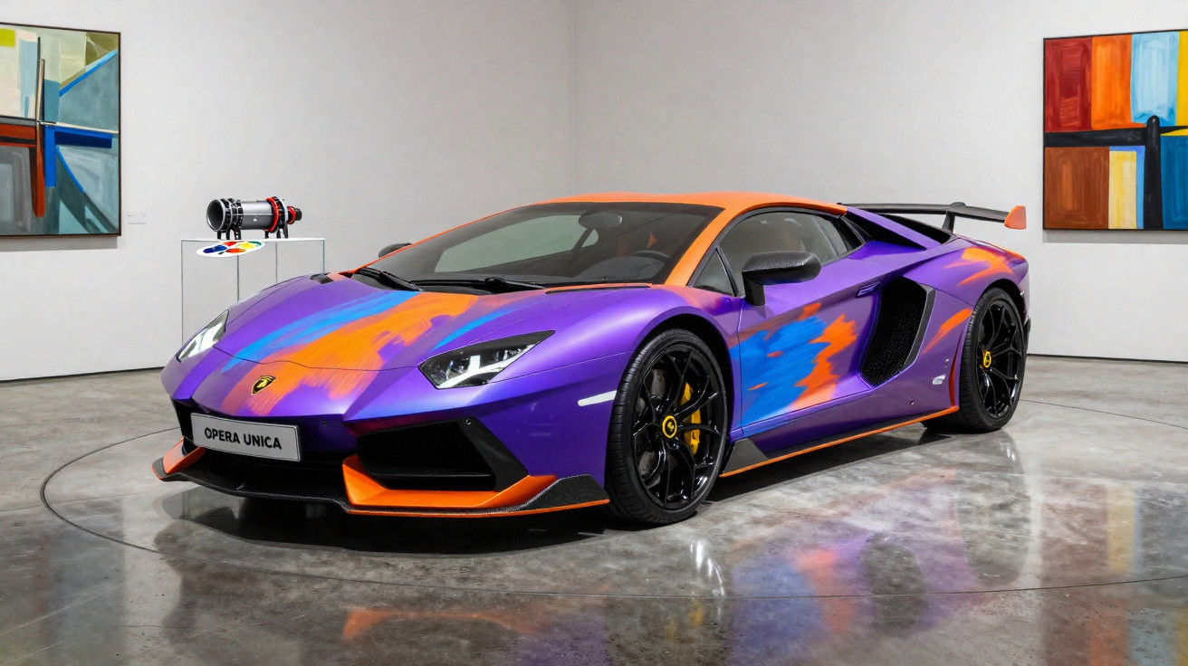 Purple and orange Lamborghini sports car with abstract paint design displayed in an art gallery.