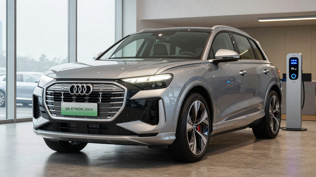 Silver Audi Q6 e-tron electric SUV parked indoors near a charging station with large windows in the background.