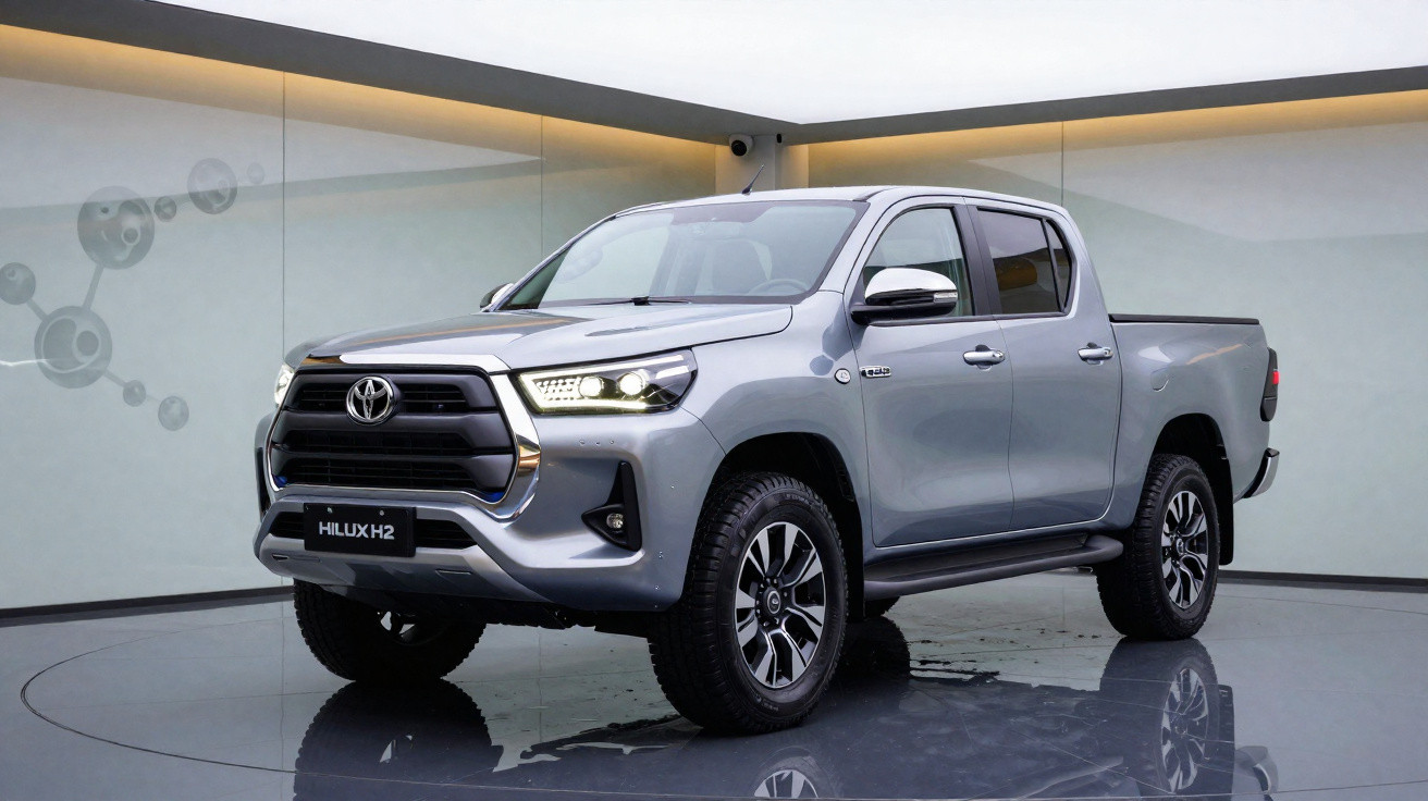 Silver Toyota Hilux H2 pickup truck displayed indoors with modern lighting and reflective floor.