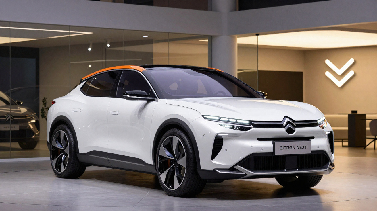 White and orange Citroën Next electric car displayed in a modern showroom with glass walls and ambient lighting.
