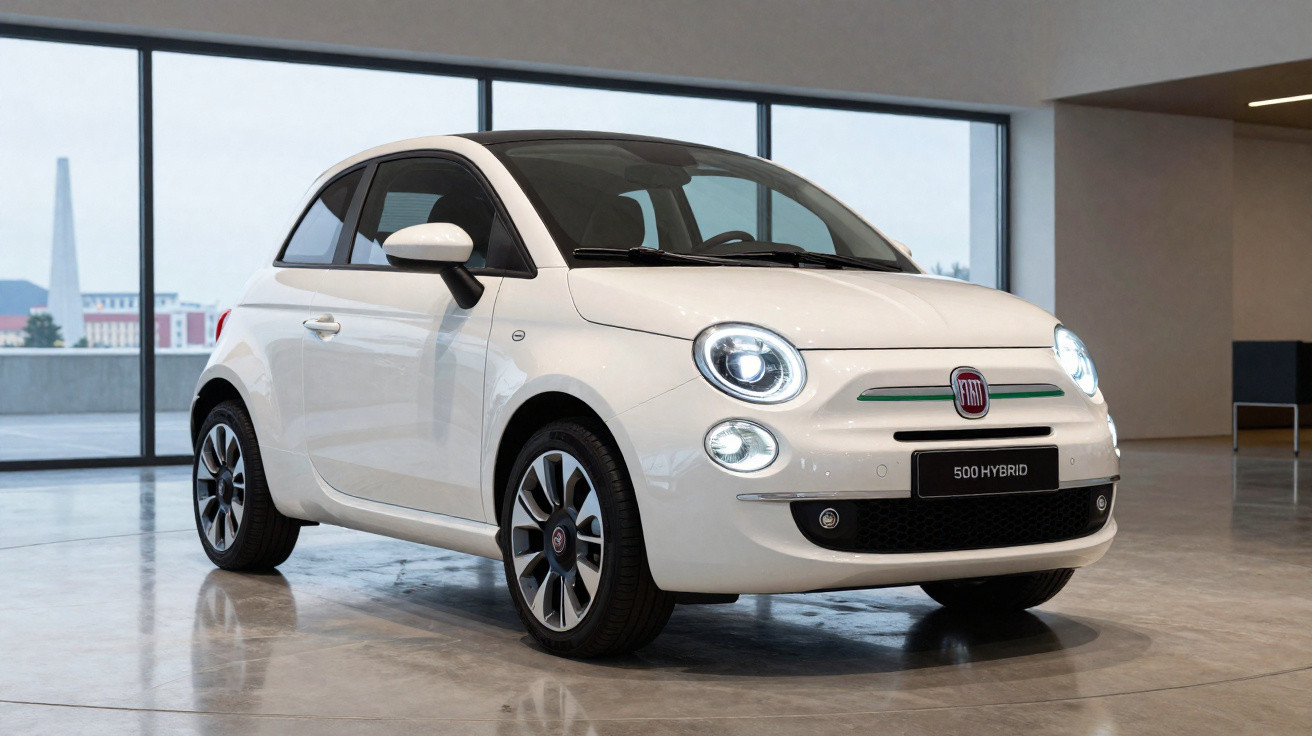 White Fiat 500 Hybrid car displayed indoors with headlights on and large windows in the background.