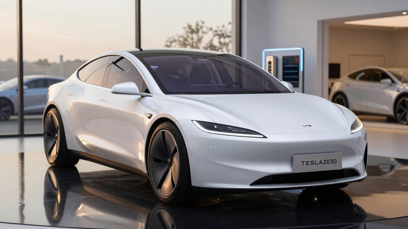 White Tesla 2030 electric sedan on display in a modern showroom with large windows and polished floor.