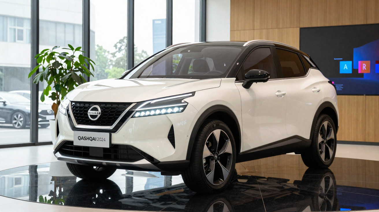 2024 white Nissan Qashqai SUV on display inside a showroom with modern interior and large windows.
