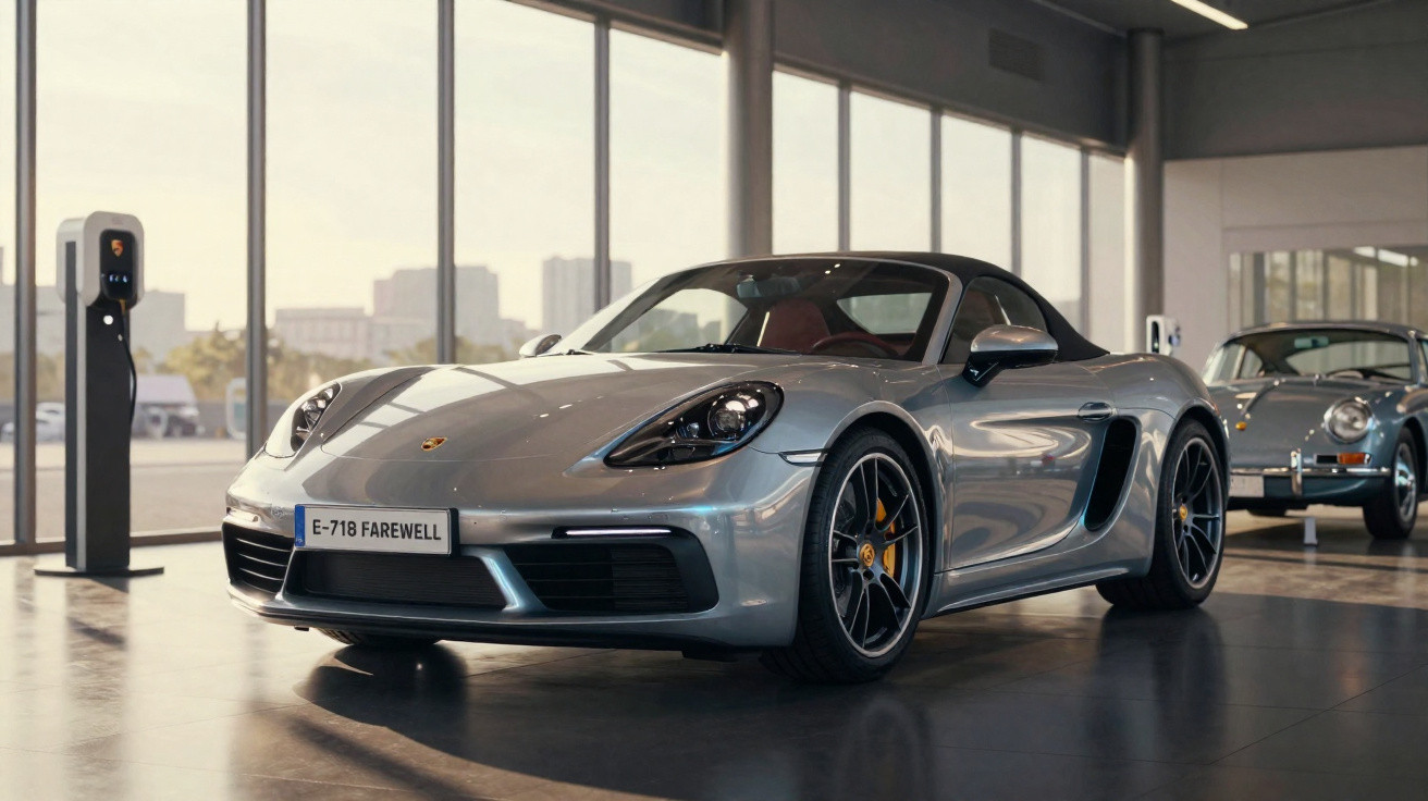 Silver Porsche 718 convertible sports car displayed indoors with an electric vehicle charger and classic car in the backgroun