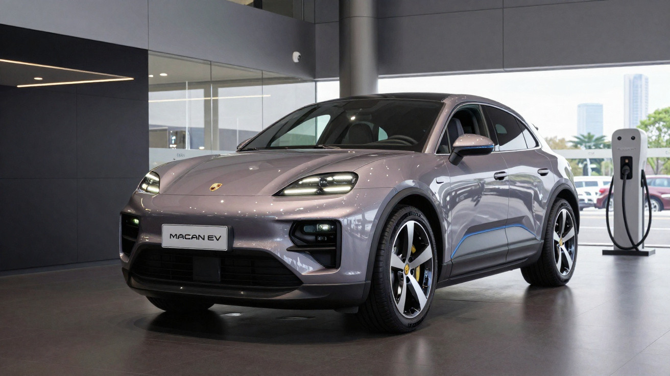 Silver Porsche Macan EV electric SUV parked indoors near a charging station.