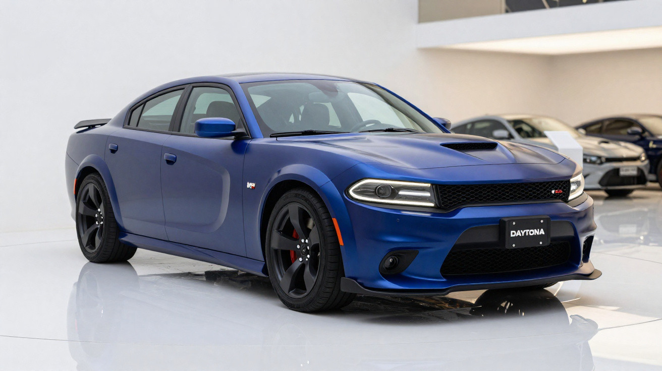 Blue Dodge Charger Daytona parked on a glossy white showroom floor with other cars in the background.