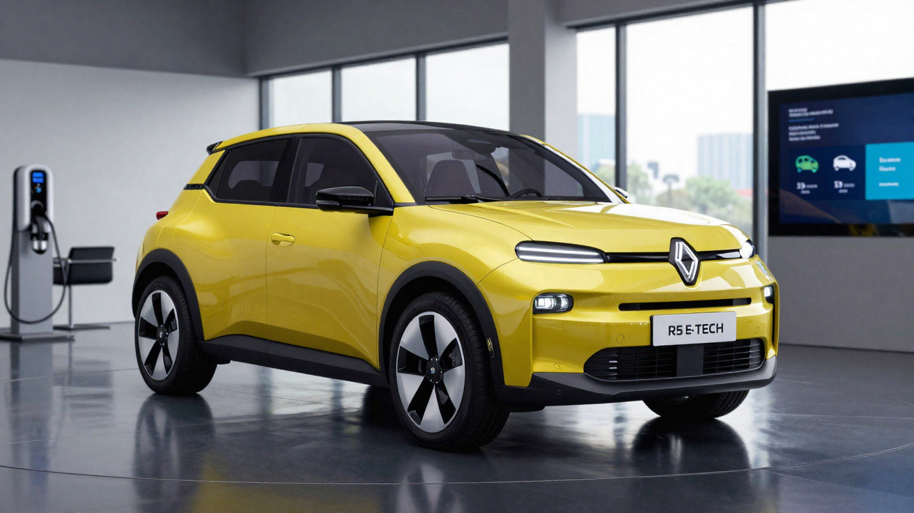 Yellow Renault R5 E-Tech electric car in modern showroom with charging station and digital display.