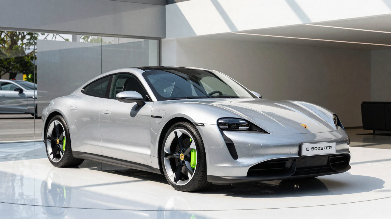 Silver Porsche Taycan electric sports car displayed indoors with green brake calipers and sleek design.