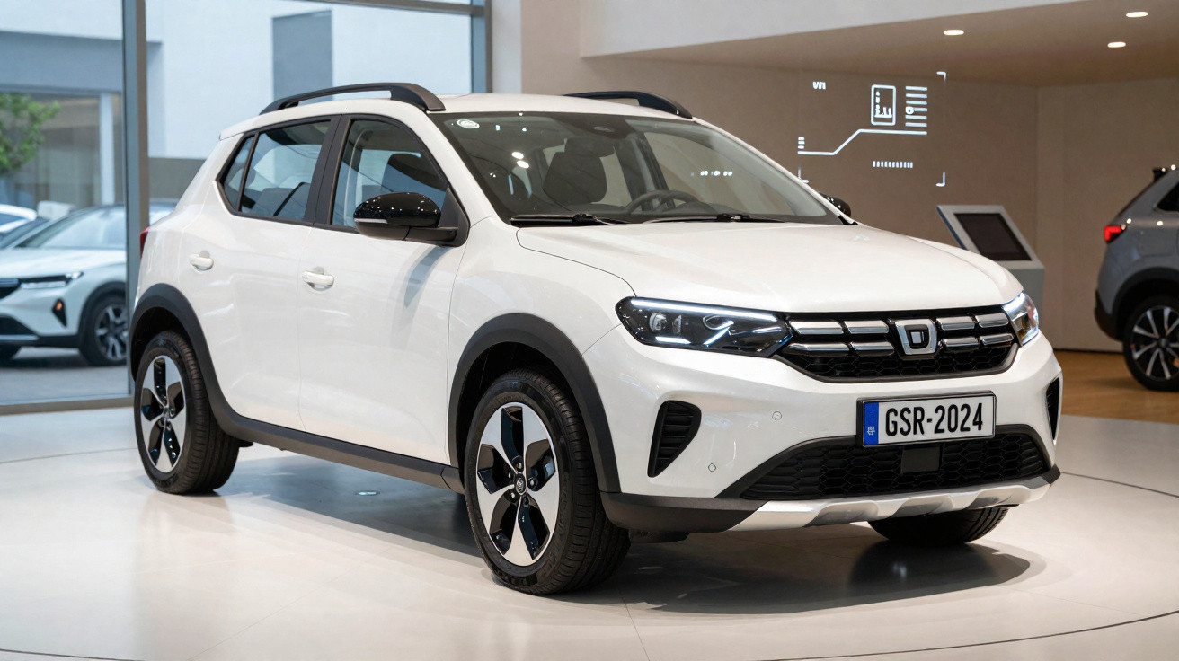 White compact SUV with black trim displayed in a modern showroom, front three-quarter view.