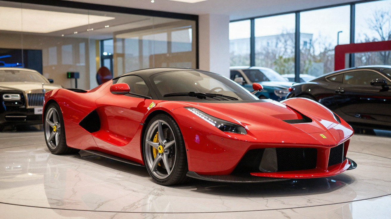 Red Ferrari sports car displayed in a showroom with large windows and other luxury cars in the background.