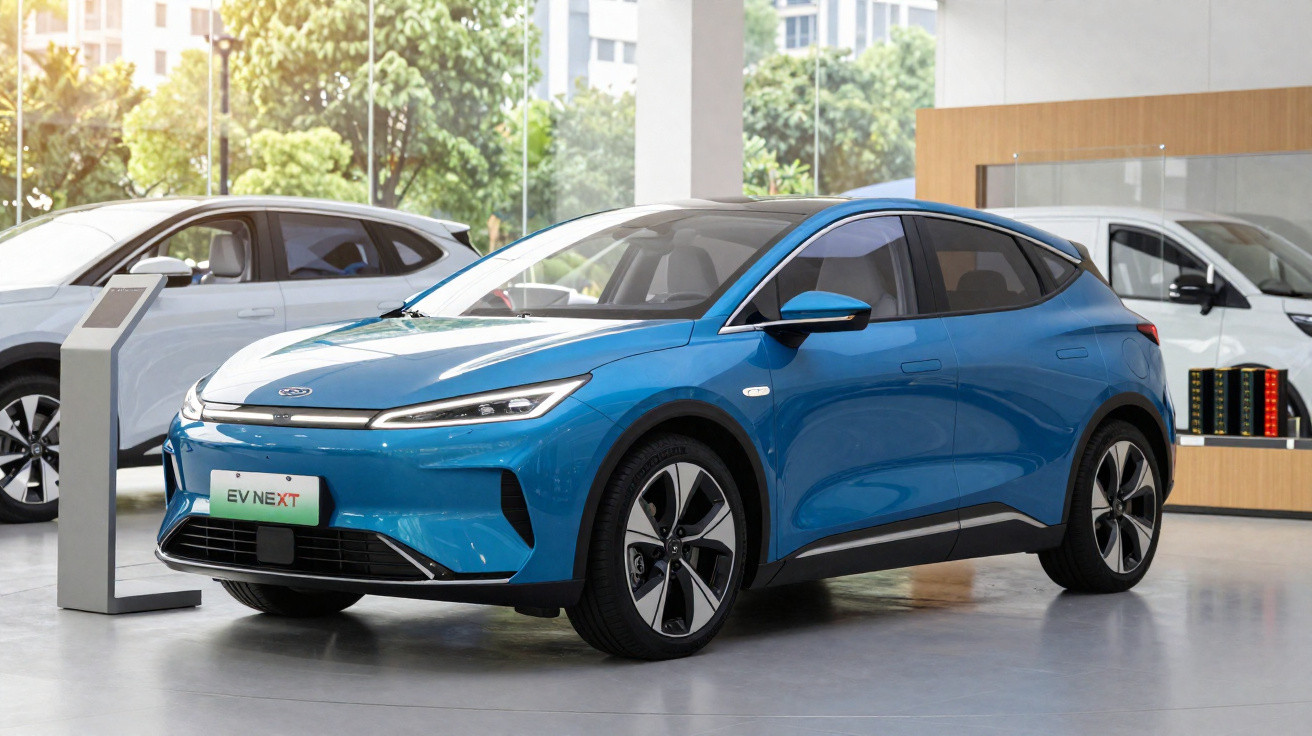 Blue electric car displayed indoors with large windows and greenery visible outside.