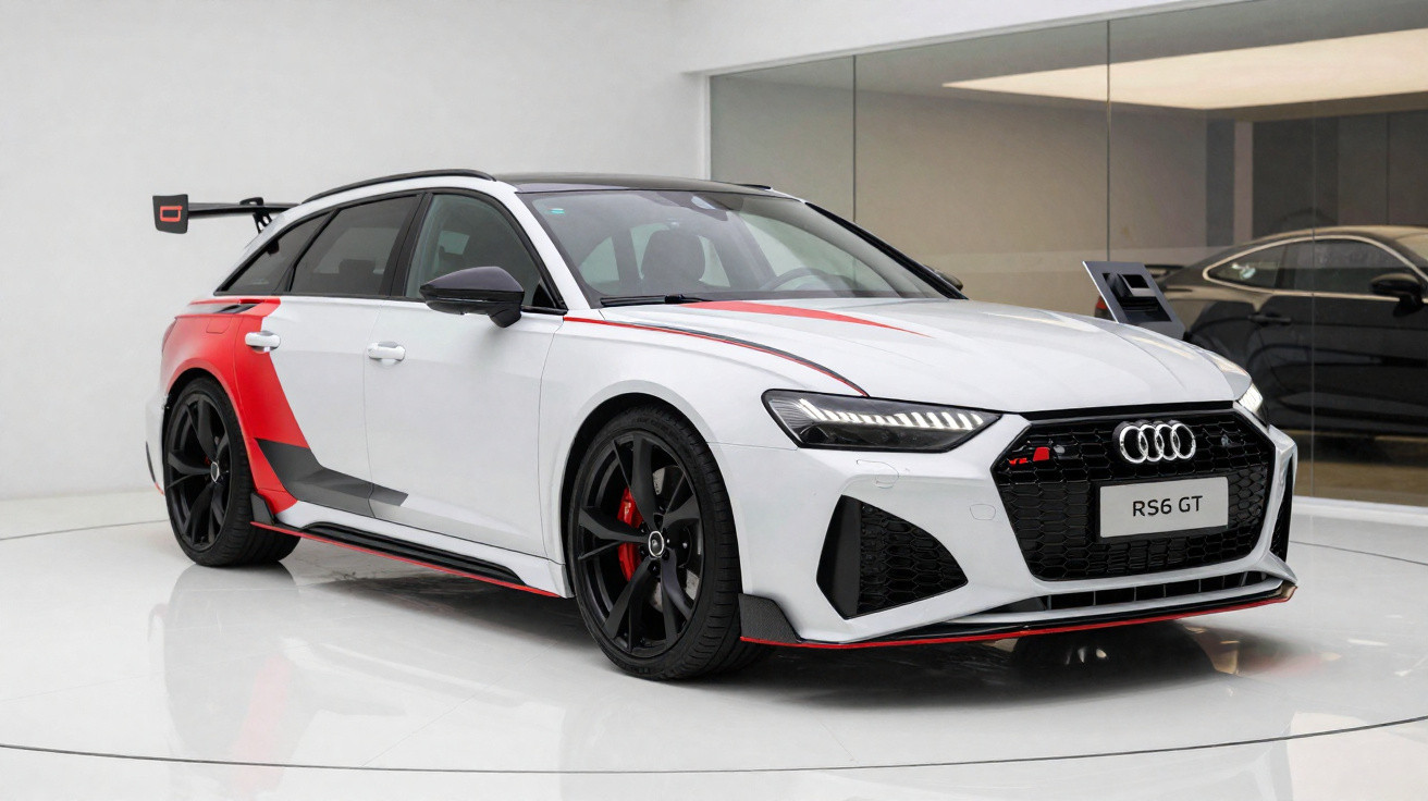 White Audi RS6 GT with black and red accents displayed in a modern showroom with reflective flooring.