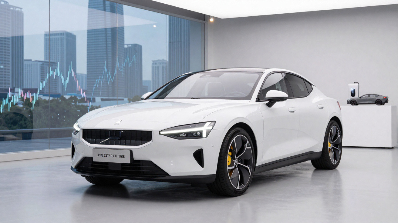 White Polestar electric car shown indoors with a cityscape view through large windows in the background.