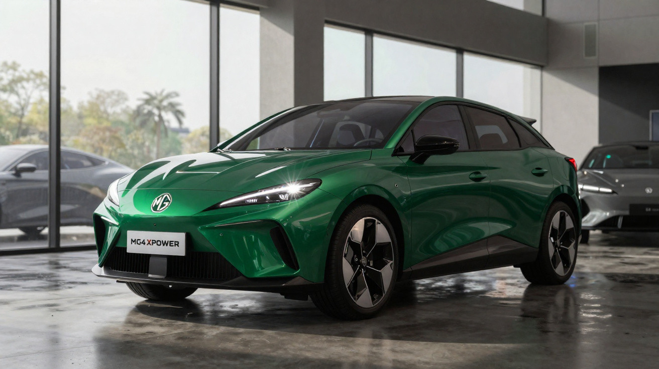 Green MG4 XPower electric hatchback parked inside a modern showroom with large windows.