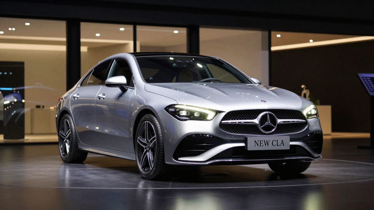 Silver Mercedes-Benz New CLA sedan with headlights on displayed indoors on a showroom floor