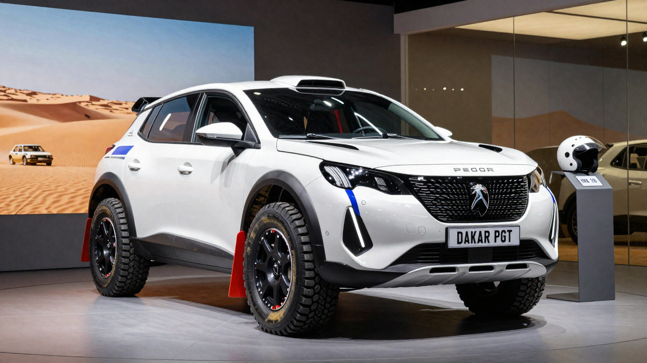 White Peugeot Dakar PGT rally car with off-road tyres displayed indoors by a desert scene backdrop.