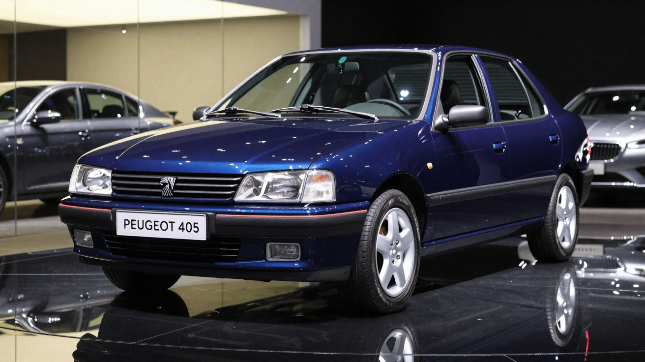 Dark blue Peugeot 405 sedan displayed indoors with reflective black floor and other cars in background.