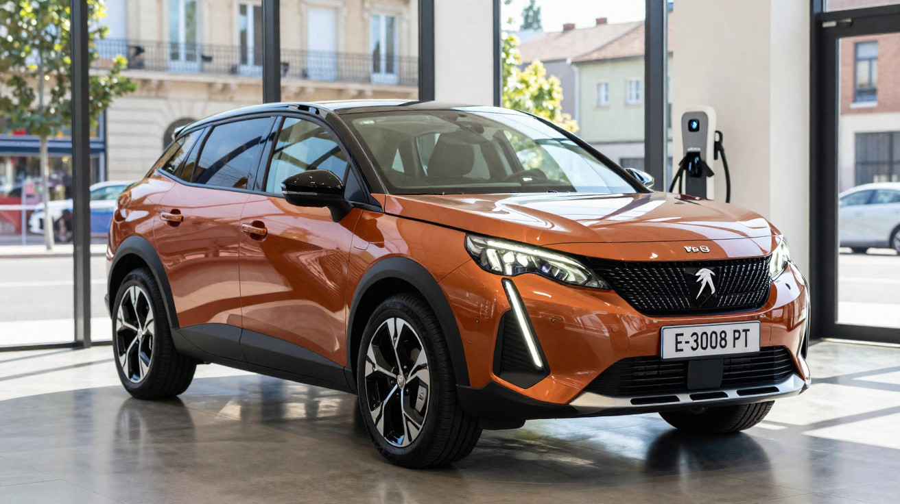 Orange Peugeot 3008 SUV parked indoors next to an electric vehicle charging station.