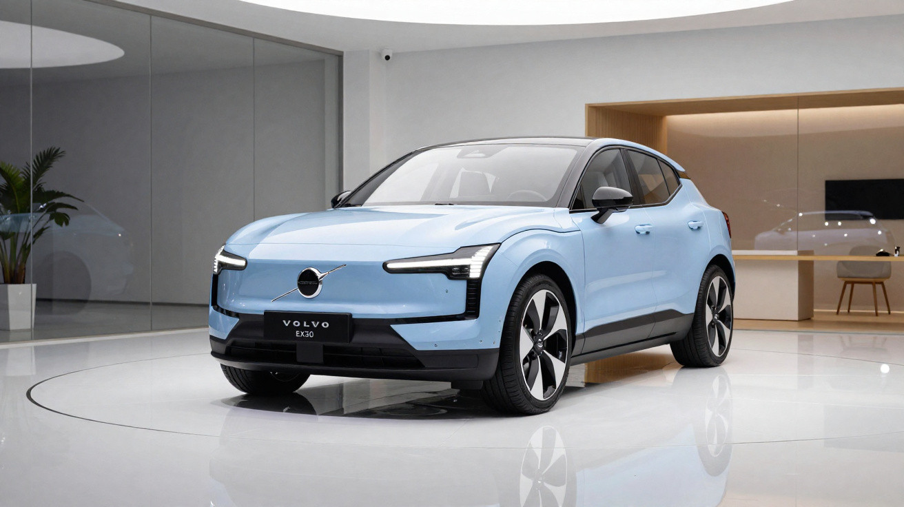 Light blue Volvo EX30 electric SUV displayed in a modern showroom with reflective flooring and minimalist decor.