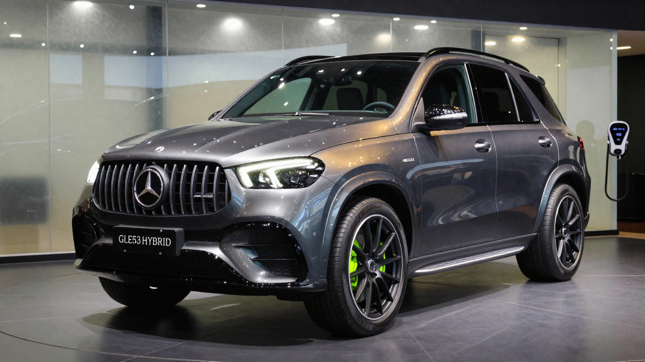 Grey Mercedes-Benz GLE 53 Hybrid SUV parked indoors near an electric charging station.