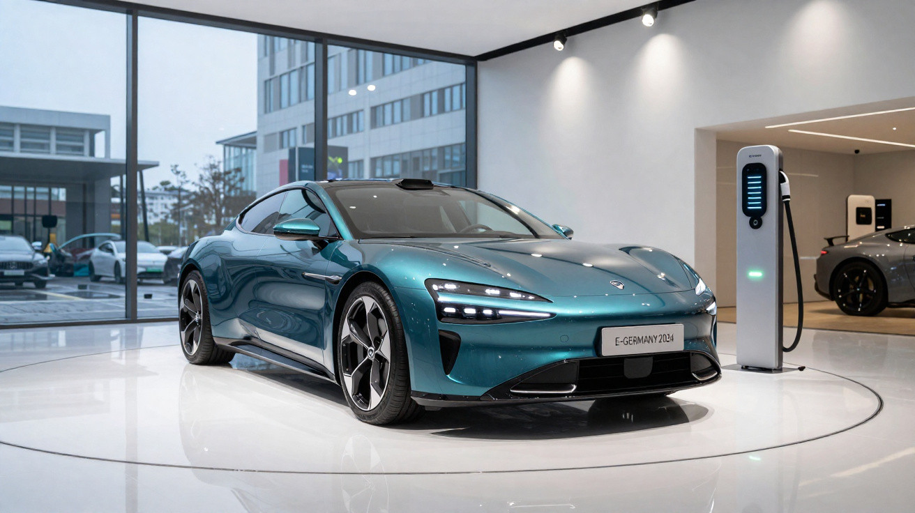 Sleek teal electric sports car on display in a modern showroom next to a charging station.
