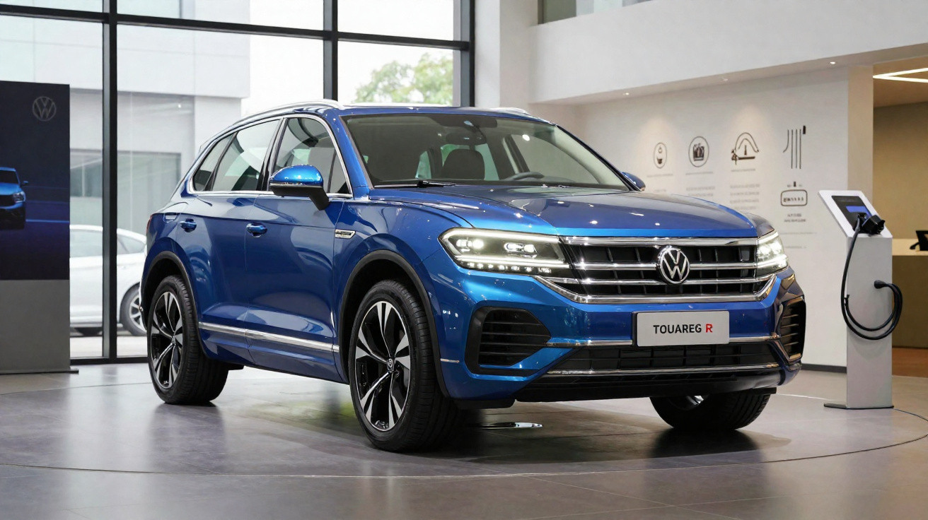 Blue Volkswagen Touareg R SUV displayed indoors with polished floor and large windows in the background.