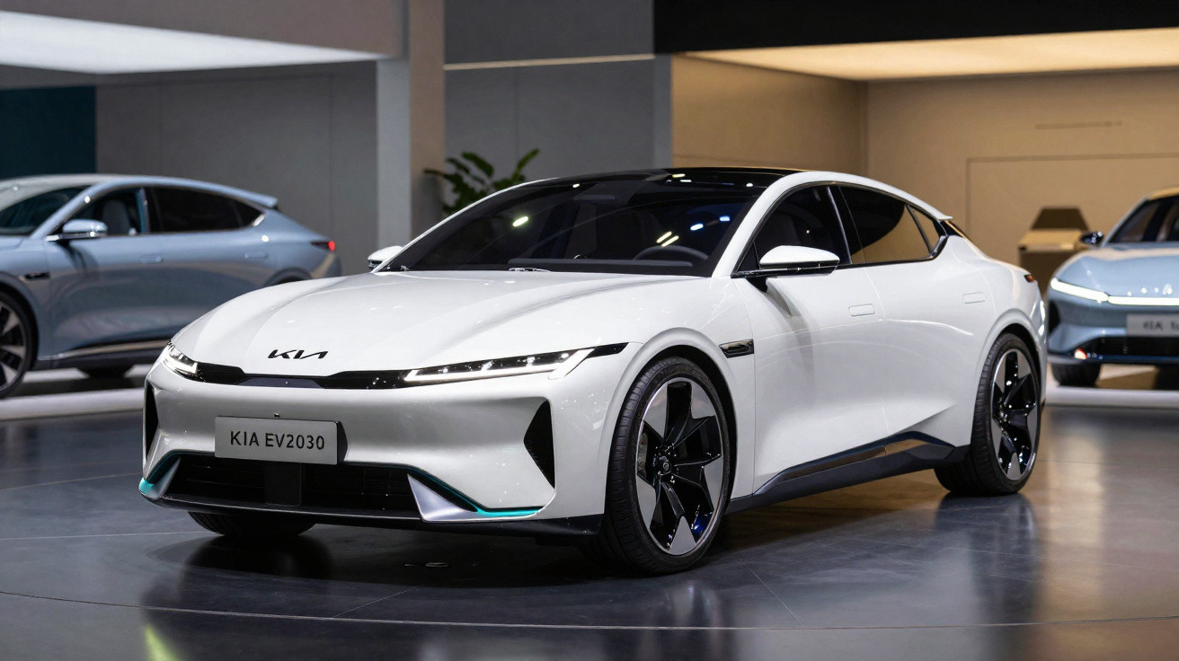 White Kia EV2030 electric car on display in a showroom with other vehicles in the background