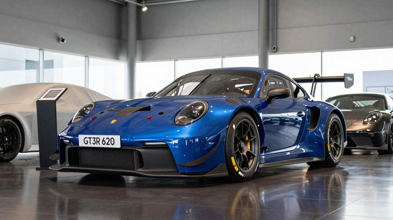 Blue Porsche 911 GT3 R race car parked indoors with black wheels and large rear wing on glossy floor.
