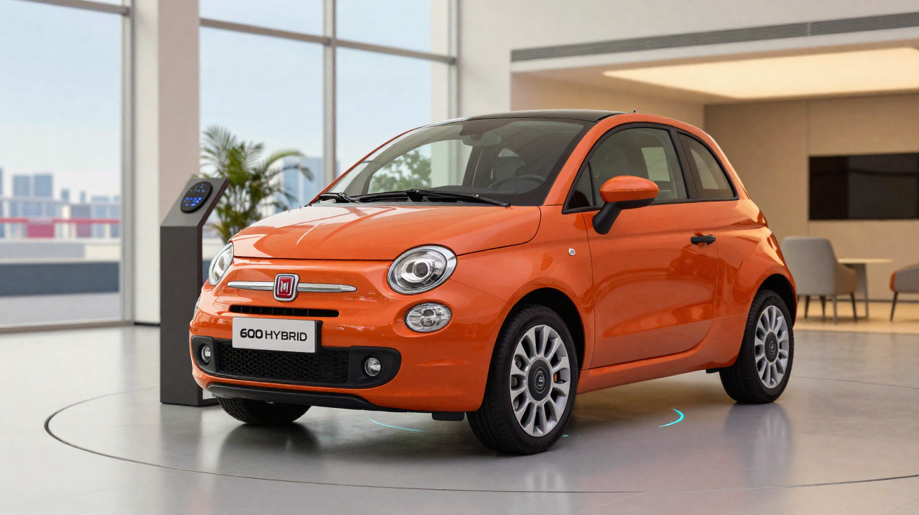 Orange compact Fiat 500 Hybrid car displayed indoors with large windows and modern furniture in the background.