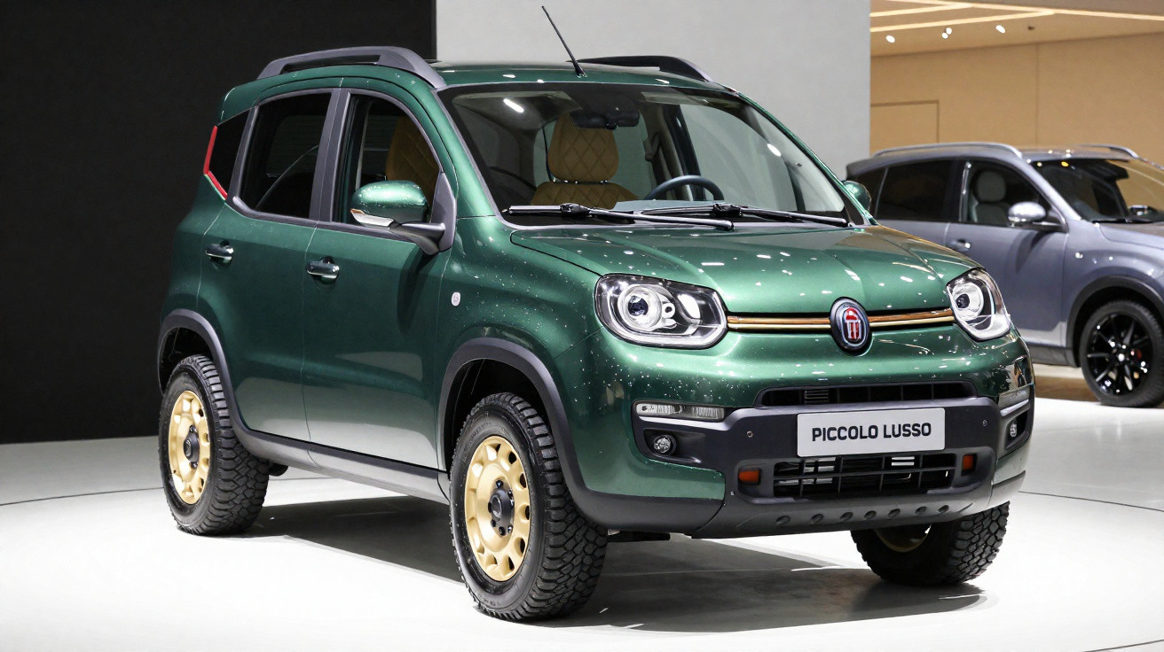 Green Fiat Piccolo Lusso compact SUV displayed indoors with rugged tyres and beige interior seats.