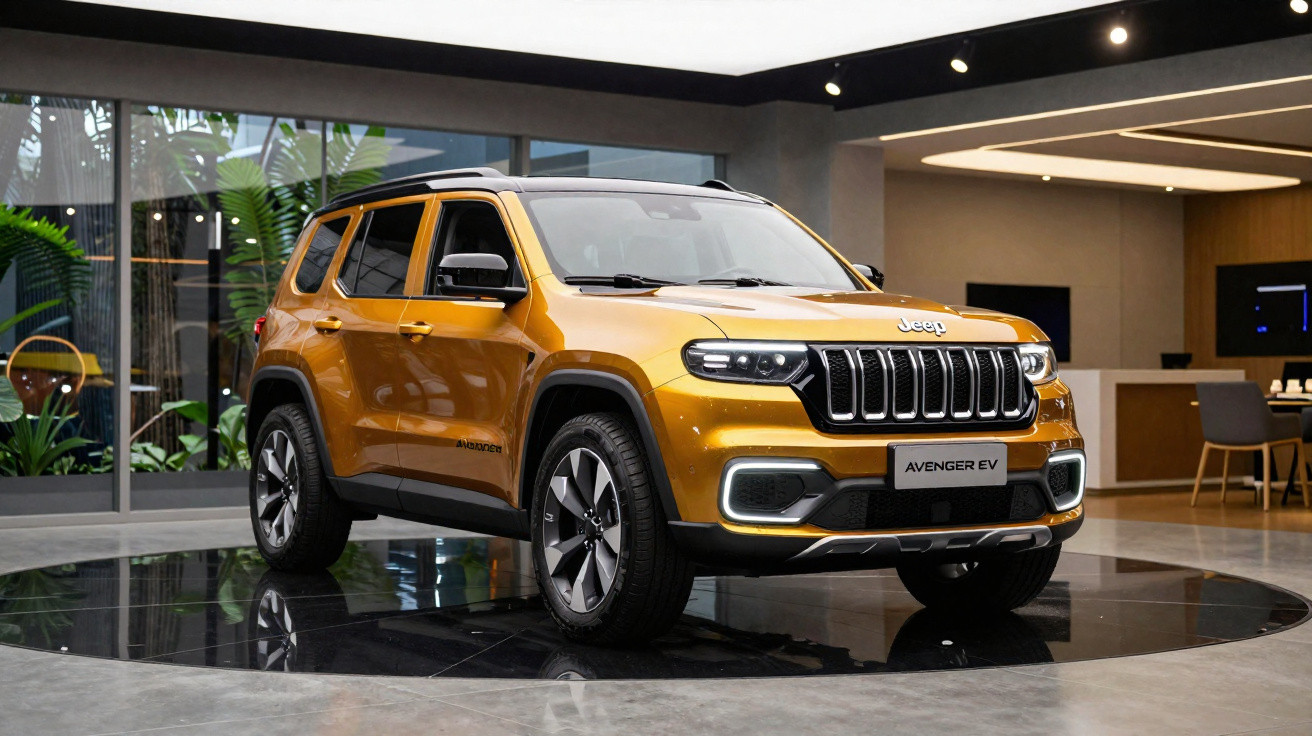 Gold Jeep Avenger EV SUV displayed indoors on a circular black platform with modern interior surroundings.