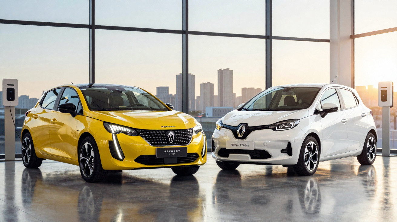 Yellow Peugeot and white Renault electric cars parked inside a showroom with city skyline in background.