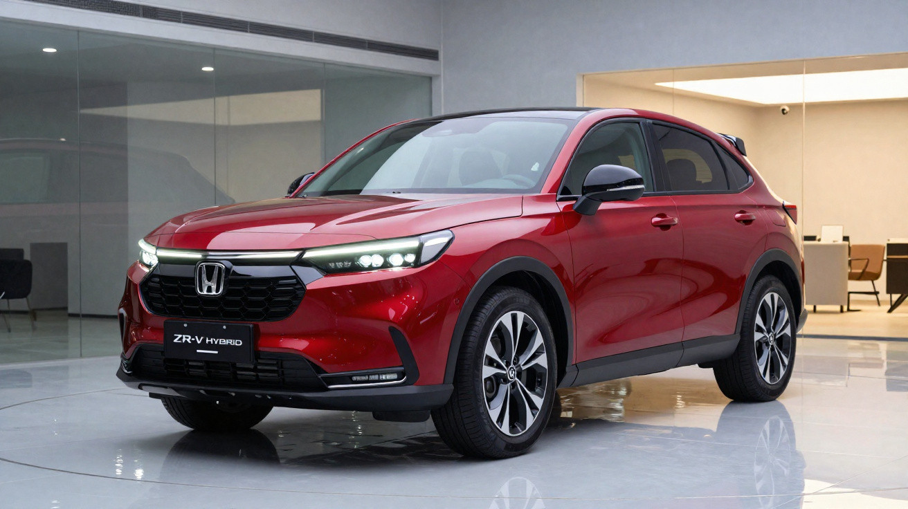 Red Honda ZR-V Hybrid compact SUV displayed indoors with modern glass and wood interior background.