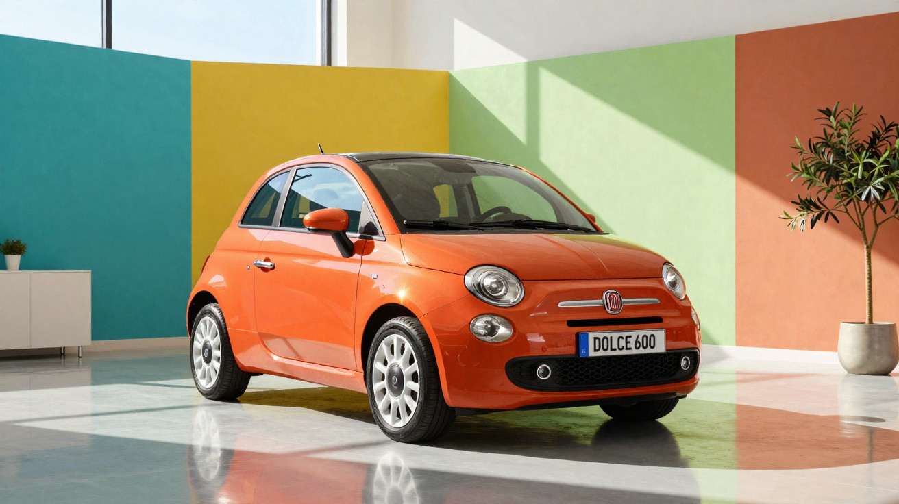 Orange Fiat 500 parked indoors with colourful blue, yellow, green, and red walls and a potted plant nearby.