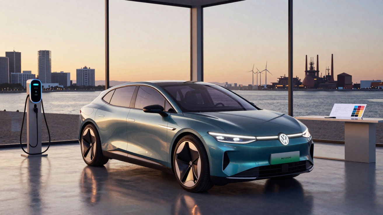 Electric Volkswagen sedan in teal displayed indoors with city skyline and water in the background at sunset.
