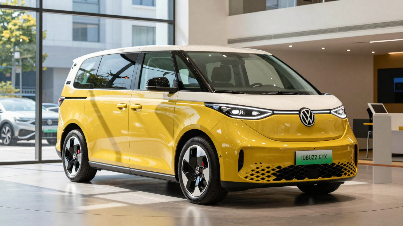 Yellow and white Volkswagen ID.Buzz GTX electric van displayed indoors with modern design and sleek LED headlights.