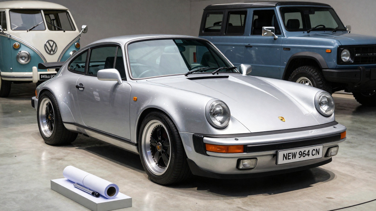 Silver Porsche 911 classic sports car displayed indoors with blue vintage Volkswagen van and dark SUV in background.