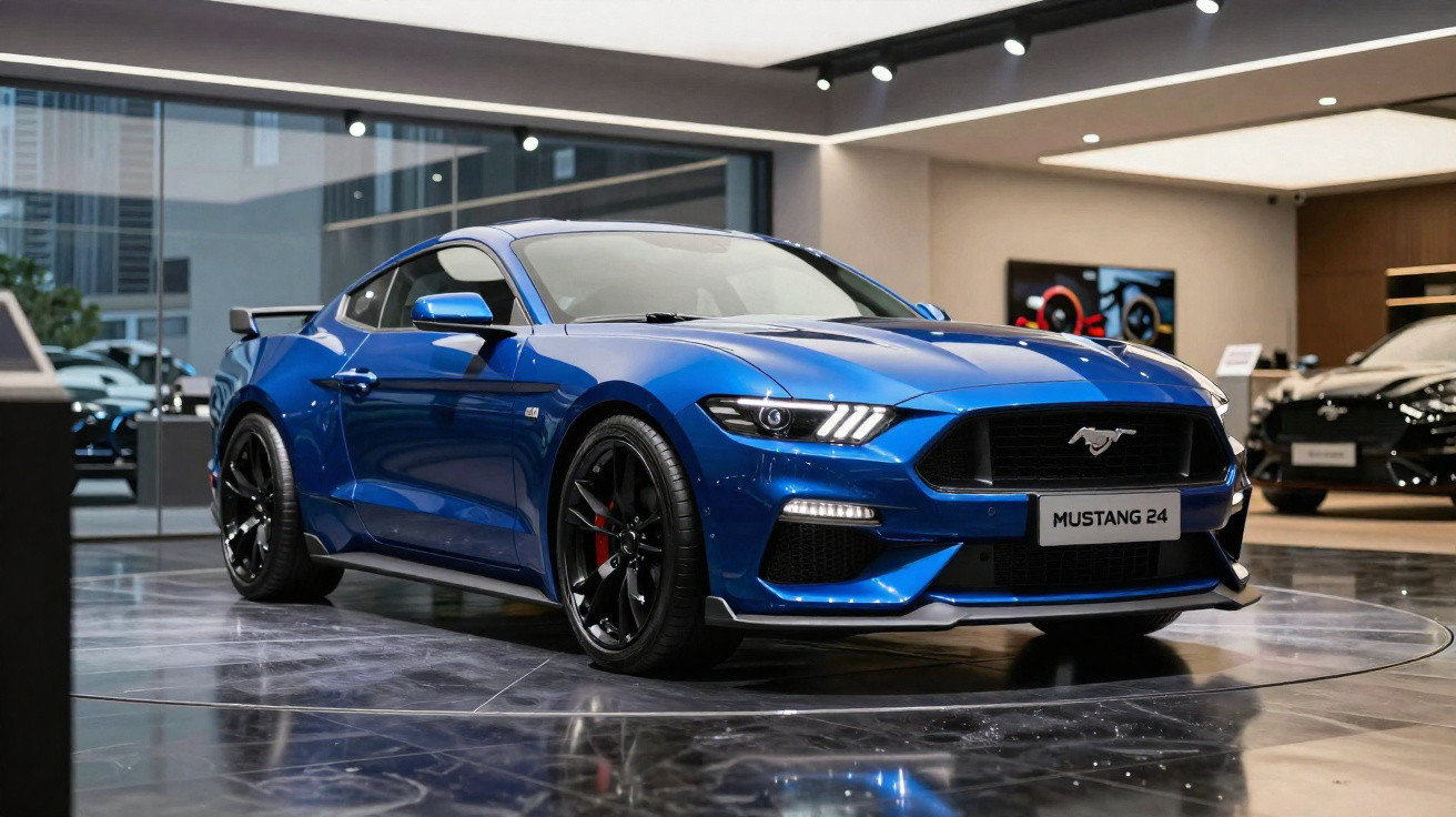 Blue Ford Mustang sports car displayed indoors with sleek design and black alloy wheels.