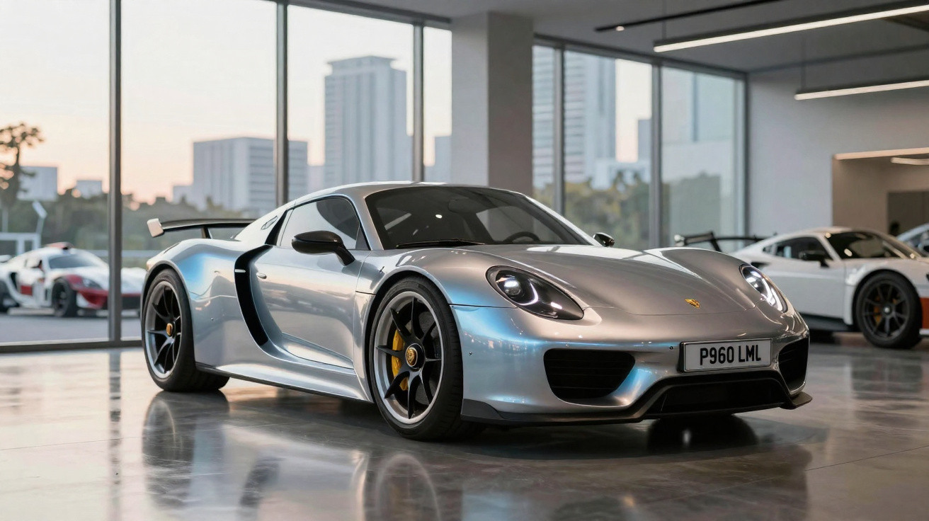 Silver Porsche 918 Spyder sports car displayed in a showroom with city buildings visible through large windows.