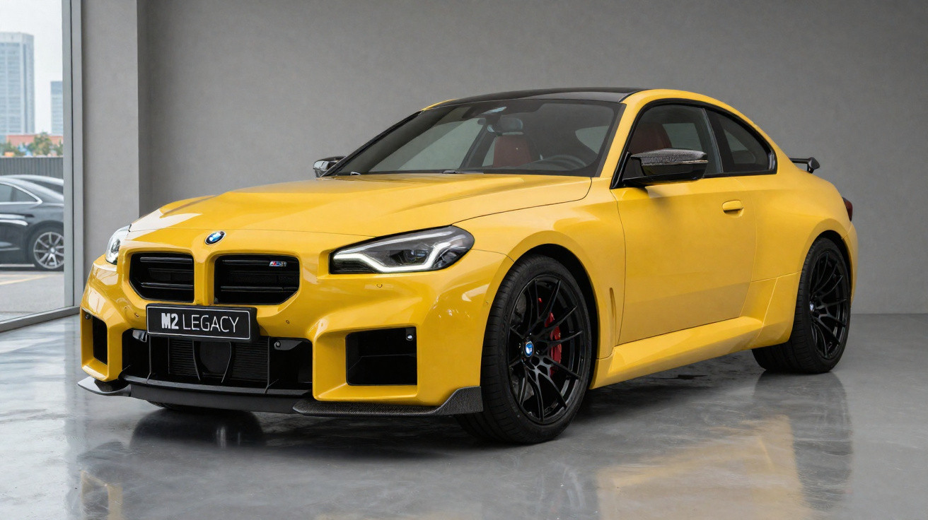 Yellow BMW M2 Legacy sports car with black wheels in a minimalist showroom with grey floors and walls.